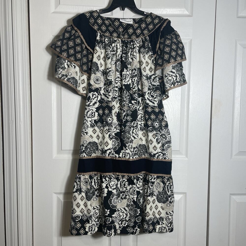 Vintage 70s Krist Gudnason California Boho‎ Dress Women M Black White Tan Floral